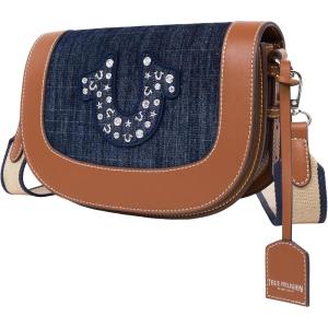 True Religion Studded Logo Flap Bag, Rhinestone Horseshoe Canvas Strap Shoulder Handbag, Denim