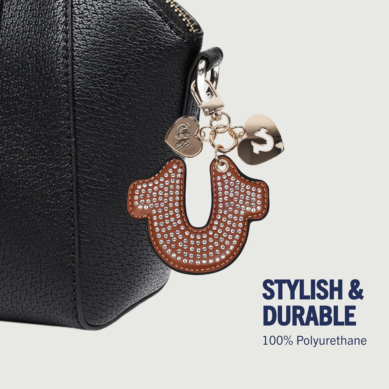imageTrue Religion Rhinestone Horseshoe Bag Charm Gold Hardware Keychain with Heart Pendants Cognac