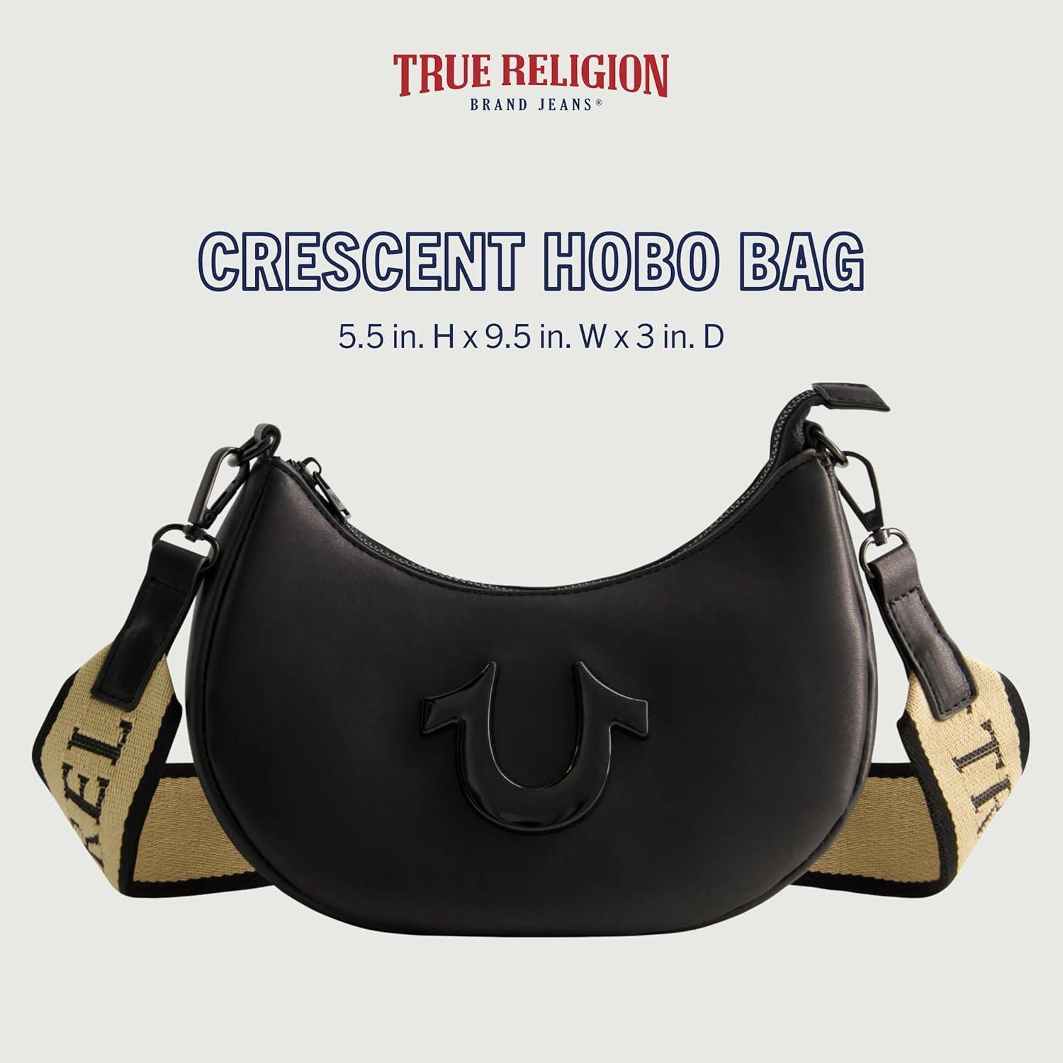 imageTrue Religion Womens Shoulder Bag Purse Crescent Hobo Handbag with Adjustable Removable Strap and Horseshoe LogoBlack