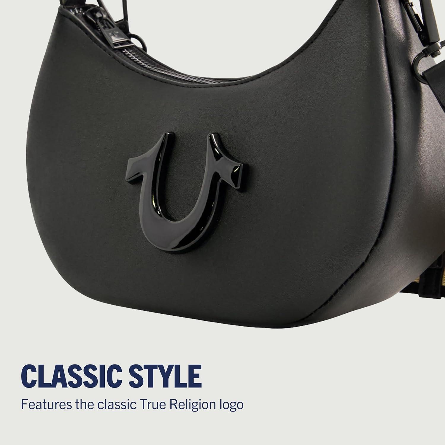 imageTrue Religion Womens Shoulder Bag Purse Crescent Hobo Handbag with Adjustable Removable Strap and Horseshoe LogoBlack