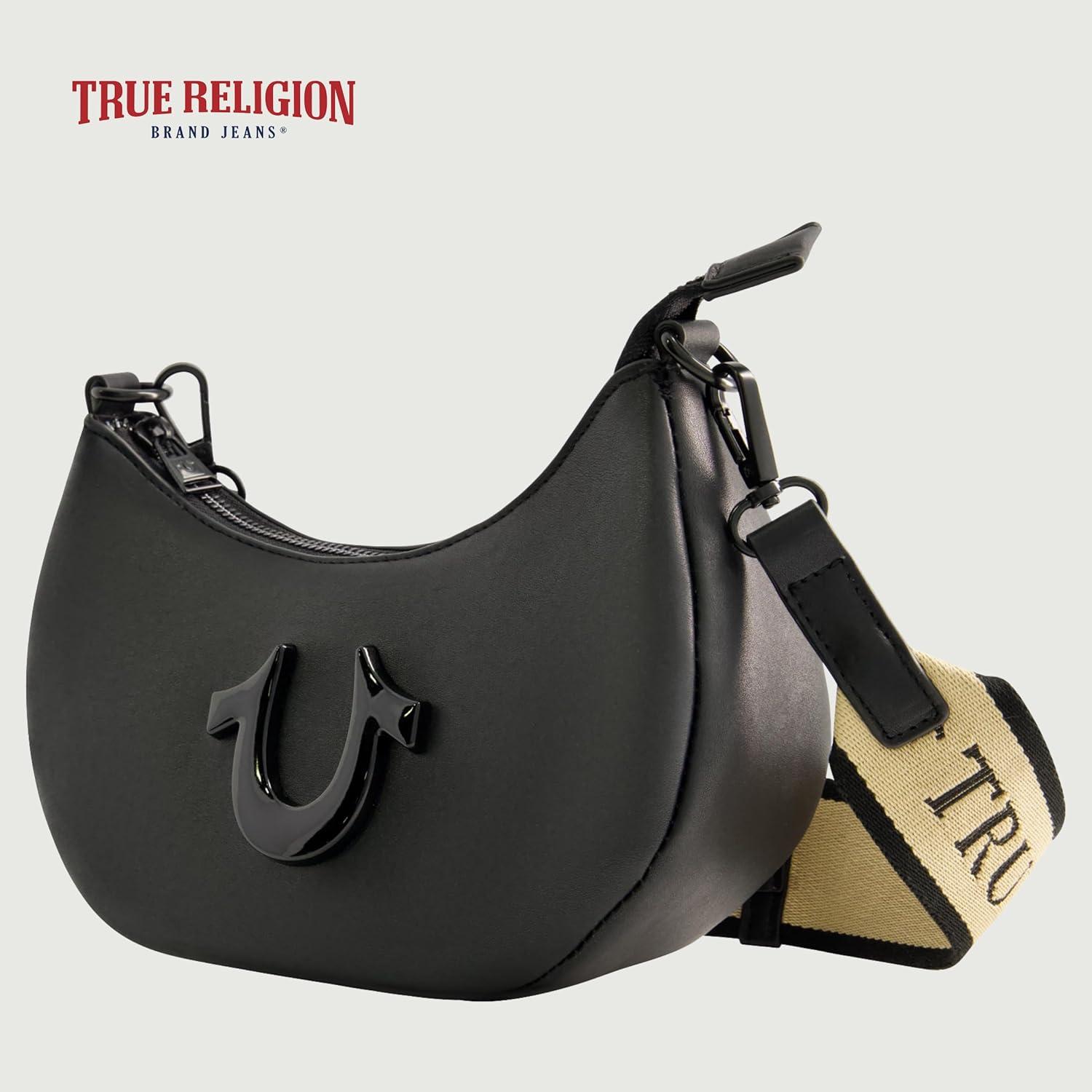 imageTrue Religion Womens Shoulder Bag Purse Crescent Hobo Handbag with Adjustable Removable Strap and Horseshoe LogoBlack