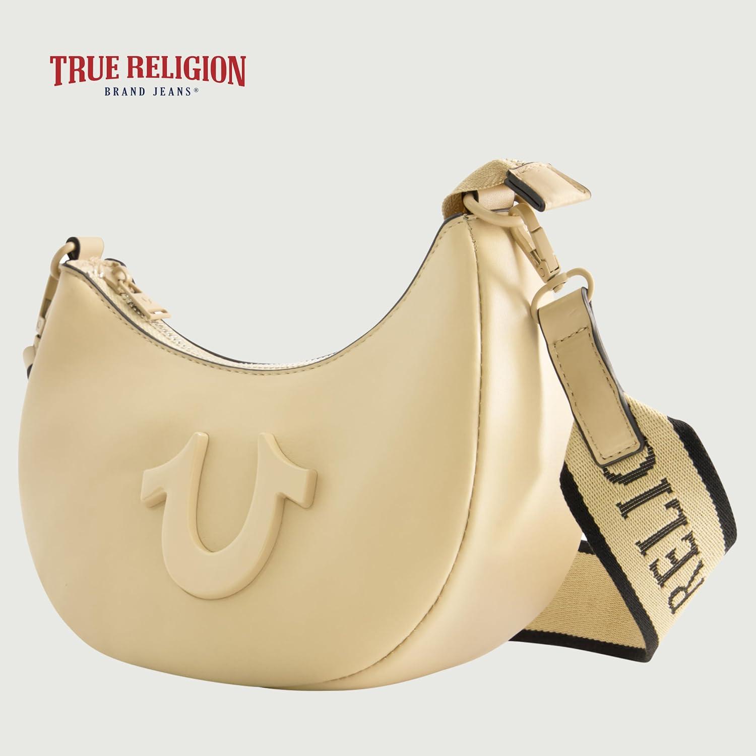imageTrue Religion Womens Shoulder Bag Purse Crescent Hobo Handbag with Adjustable Removable Strap and Horseshoe LogoCamel