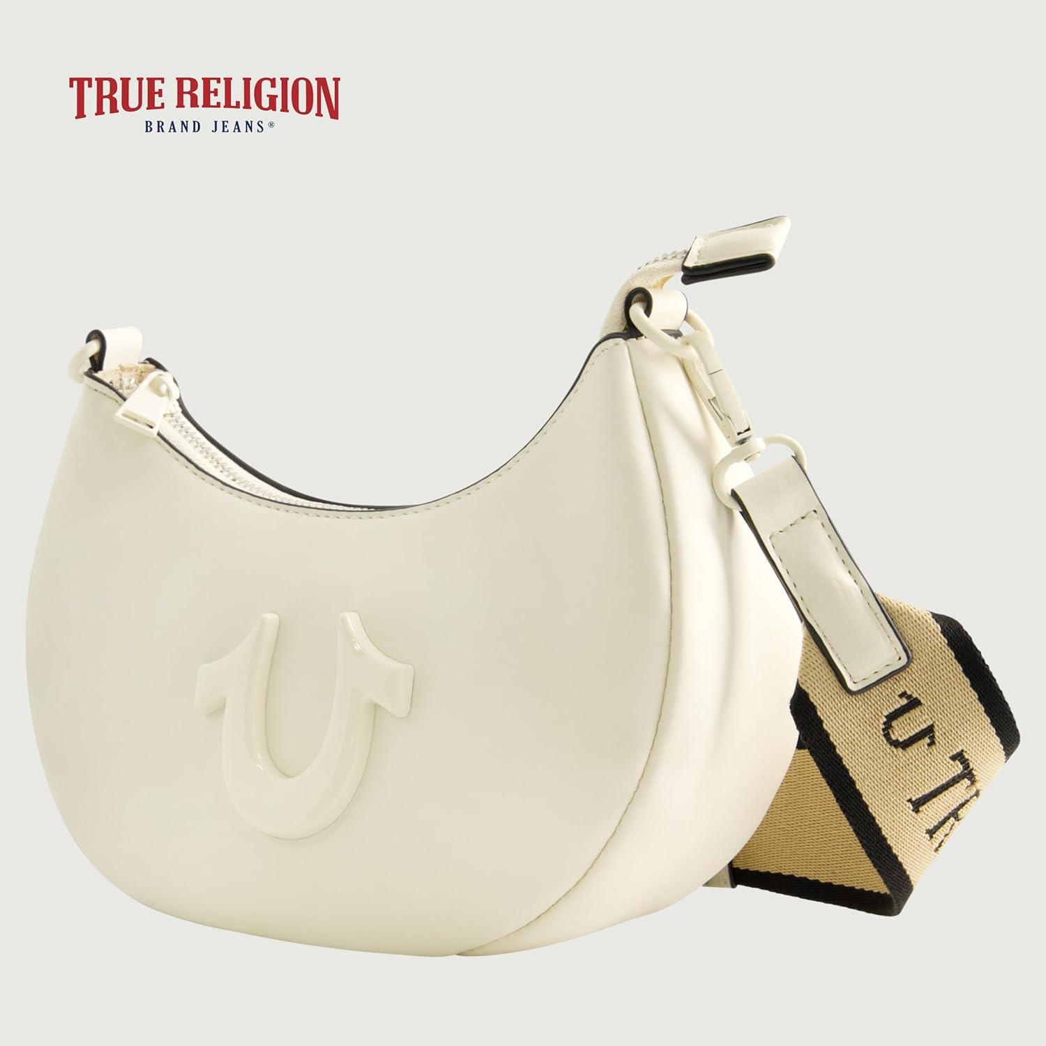 imageTrue Religion Womens Shoulder Bag Purse Crescent Hobo Handbag with Adjustable Removable Strap and Horseshoe LogoIvory