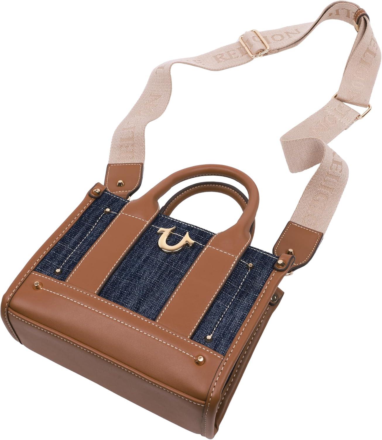 imageTrue Religion womens True Religion Mini Tote Bag With Logo Strap Structured Casual Purse With Top Handles and CrossbodyDark Denim
