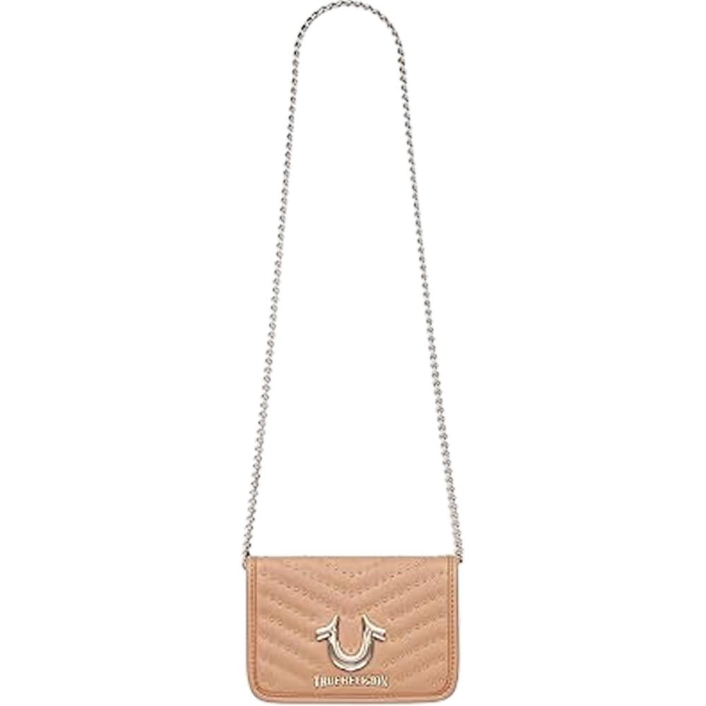 imageTrue Religion Crossbody Bag Horseshoe Multi Stud Flap Purse with Chain Strap Quilted Chevron Design and Gold HardwareCamel