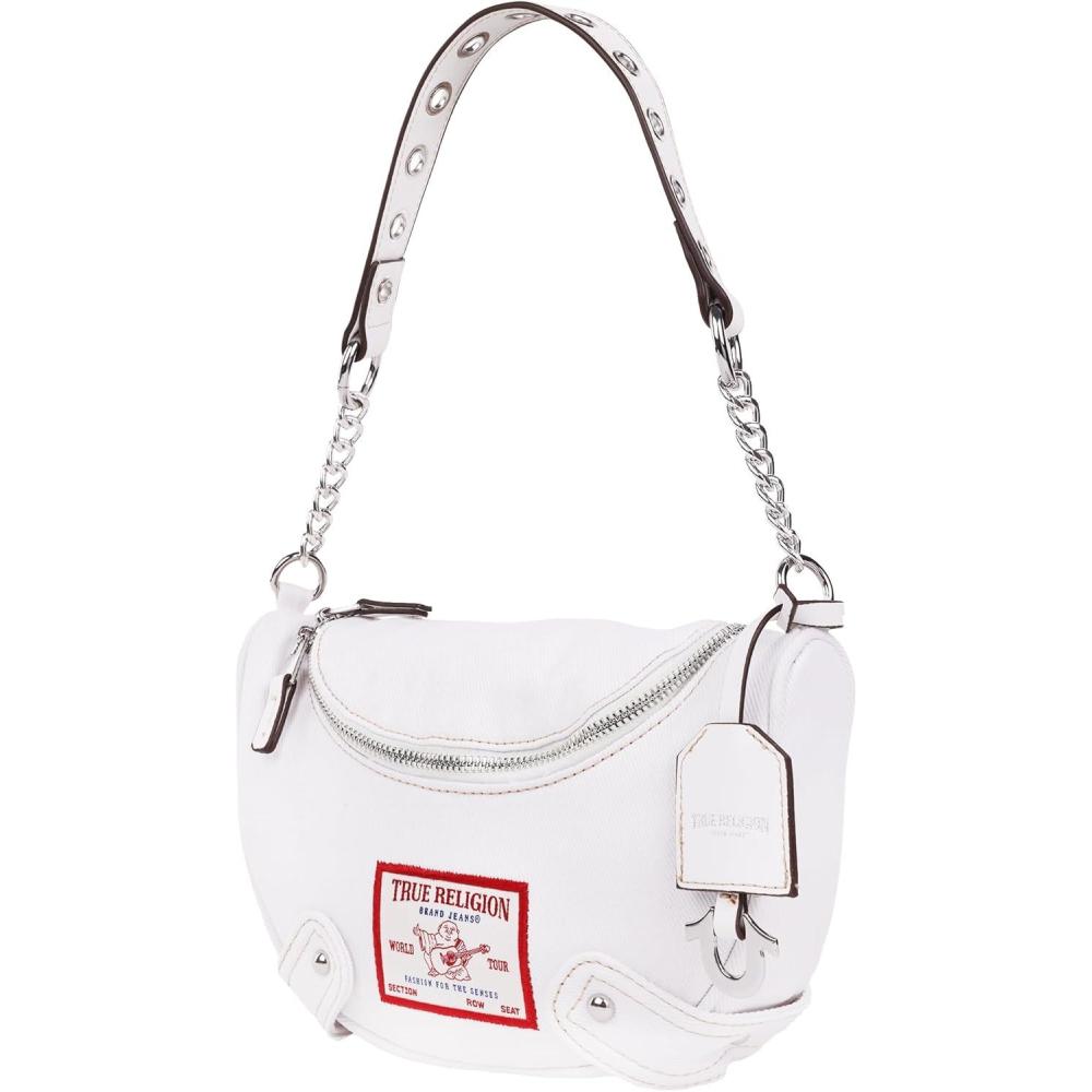 imageTrue Religion Hobo Bag Womens Shoulder Handbag with Grommet Chain Strap White