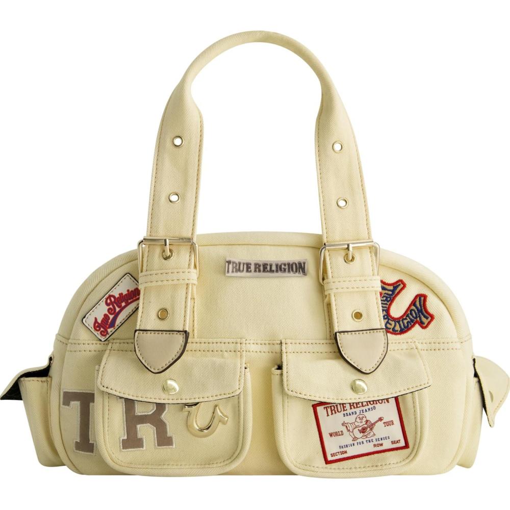 imageTrue Religion Satchel Bag MultiPatch Womens Handbag with Adjustable Shoulder Strap Beige One Size