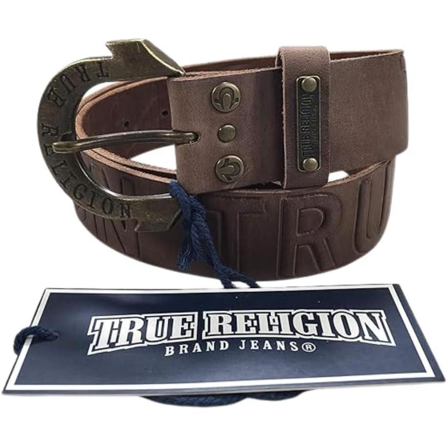 imageTrue Religion Womens Jeans Leather Belt Brown Script Hardware Logo Horseshoe Buckle 24
