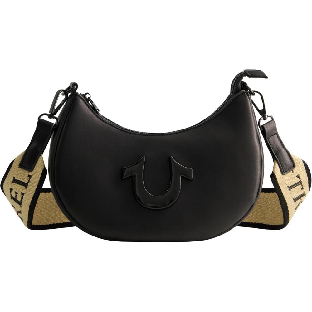 imageTrue Religion Womens Shoulder Bag Purse Crescent Hobo Handbag with Adjustable Removable Strap and Horseshoe LogoBlack