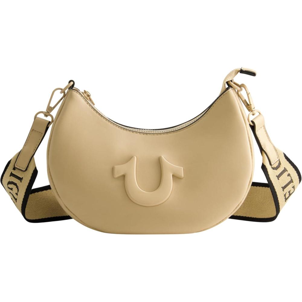 imageTrue Religion Womens Shoulder Bag Purse Crescent Hobo Handbag with Adjustable Removable Strap and Horseshoe LogoCamel