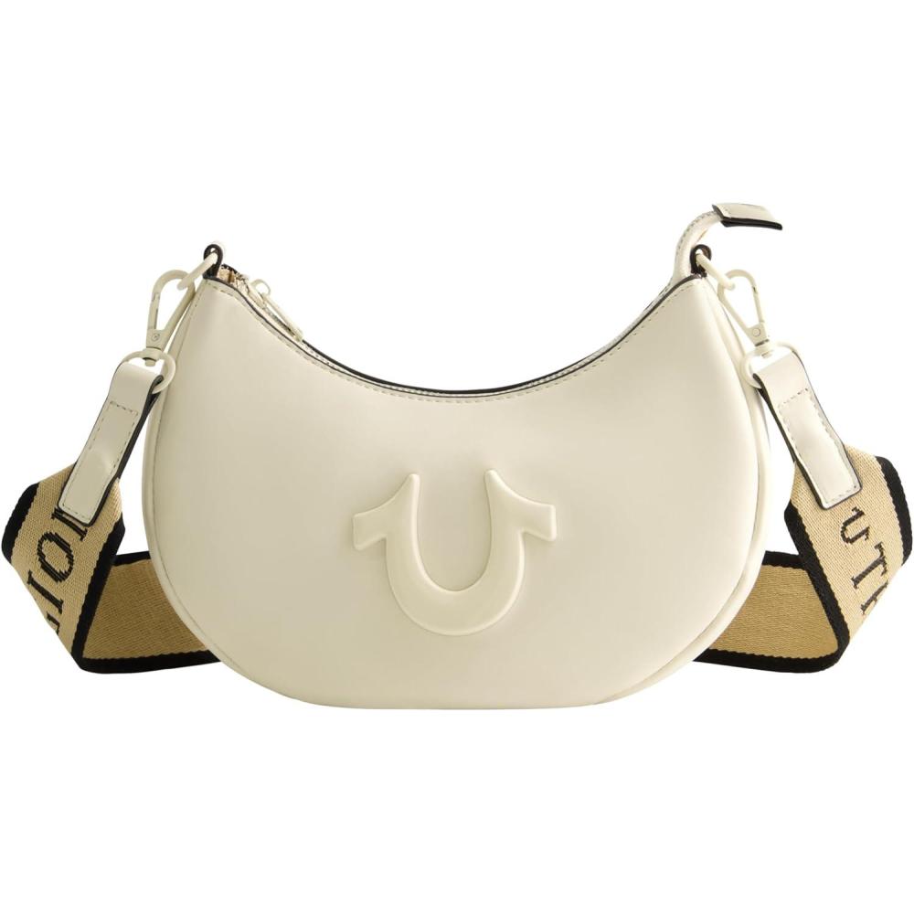 imageTrue Religion Womens Shoulder Bag Purse Crescent Hobo Handbag with Adjustable Removable Strap and Horseshoe LogoIvory