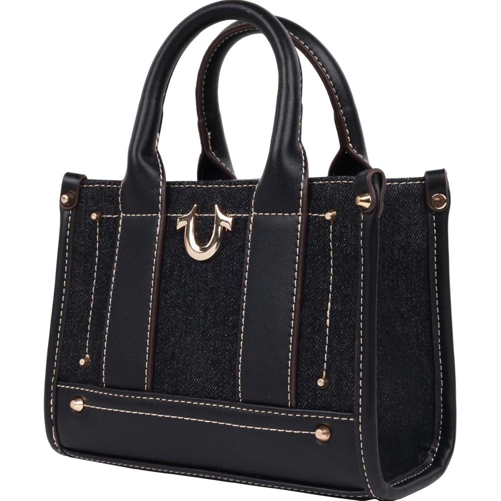 imageTrue Religion womens True Religion Mini Tote Bag With Logo Strap Structured Casual Purse With Top Handles and CrossbodyBlack