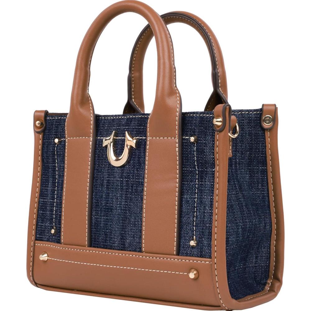 imageTrue Religion womens True Religion Mini Tote Bag With Logo Strap Structured Casual Purse With Top Handles and CrossbodyDark Denim