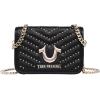 True Religion Crossbody Bag, Horseshoe Multi Stud Flap Purse with Chain Strap, Quilted Chevron Design and Gold Hardware(Black)