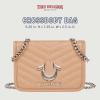 True Religion Crossbody Bag, Horseshoe Multi Stud Flap Purse with Chain Strap, Quilted Chevron Design and Gold Hardware(Camel)