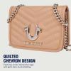 True Religion Crossbody Bag, Horseshoe Multi Stud Flap Purse with Chain Strap, Quilted Chevron Design and Gold Hardware(Camel)