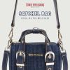 True Religion Denim Buckle Strap Mini Satchel Bag, Structured Dark Denim Crossbody Handbag, Dark Denim