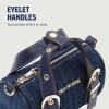 True Religion Denim Buckle Strap Mini Satchel Bag, Structured Dark Denim Crossbody Handbag, Dark Denim