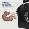 True Religion Rhinestone Horseshoe Bag Charm, Gold Hardware Keychain with Heart Pendants, Cognac