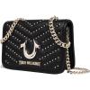 True Religion Crossbody Bag, Horseshoe Multi Stud Flap Purse with Chain Strap, Quilted Chevron Design and Gold Hardware(Black)