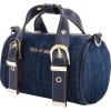 True Religion Denim Buckle Strap Mini Satchel Bag, Structured Dark Denim Crossbody Handbag, Dark Denim