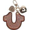 True Religion Rhinestone Horseshoe Bag Charm, Gold Hardware Keychain with Heart Pendants, Cognac