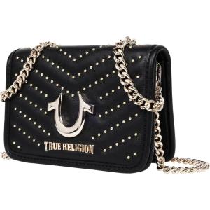 True Religion Crossbody Bag, Horseshoe Multi Stud Flap Purse with Chain Strap, Quilted Chevron Design and Gold Hardware(Black)