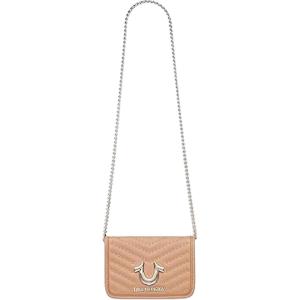 True Religion Crossbody Bag, Horseshoe Multi Stud Flap Purse with Chain Strap, Quilted Chevron Design and Gold Hardware(Camel)