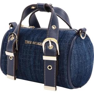 True Religion Denim Buckle Strap Mini Satchel Bag, Structured Dark Denim Crossbody Handbag, Dark Denim