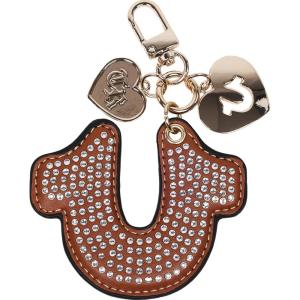 True Religion Rhinestone Horseshoe Bag Charm, Gold Hardware Keychain with Heart Pendants, Cognac