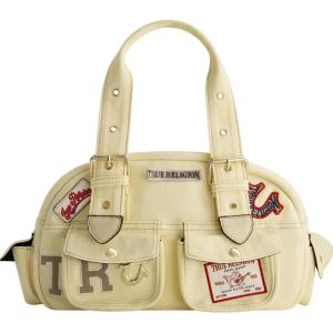 True Religion Satchel Bag, Multi-Patch Women’s Handbag with Adjustable Shoulder Strap, Beige, One Size