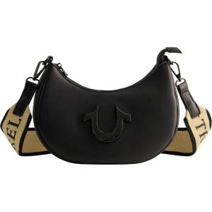 True Religion Women’s Shoulder Bag Purse, Crescent Hobo Handbag with Adjustable Removable Strap and Horseshoe Logo(Black)