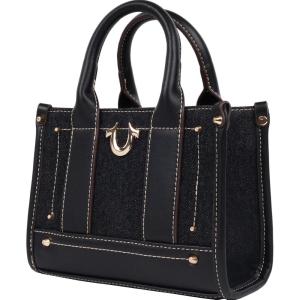 True Religion womens True Religion Mini Tote Bag With Logo Strap, Structured Casual Purse With Top Handles and Crossbody(Black)