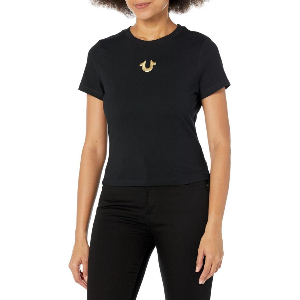 imageTrue Religion Womens Crewneck Metallic Logo Baby TeeJet Black