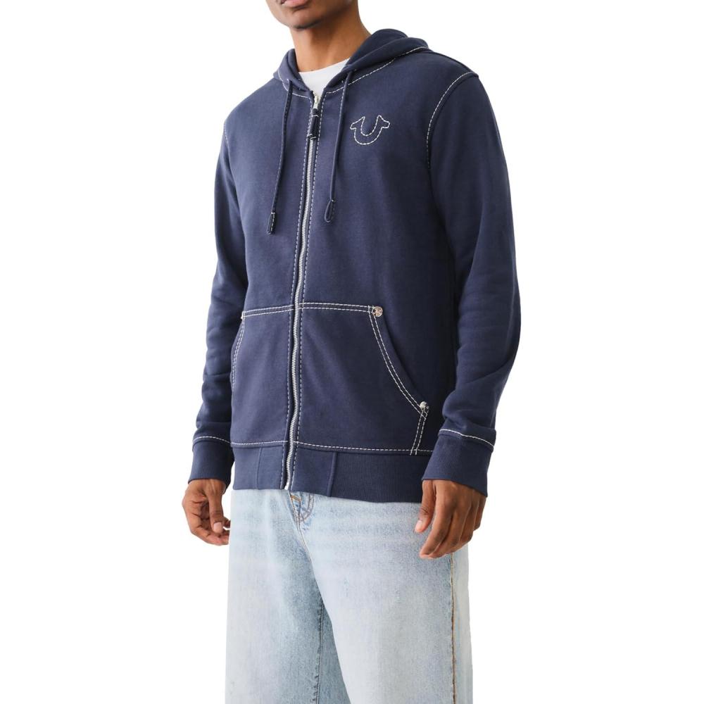 imageTrue Religion Mens Big T Zip Up Hoodie Graphic Sweatshirt Full Zip Hoodies for MenDress Blue