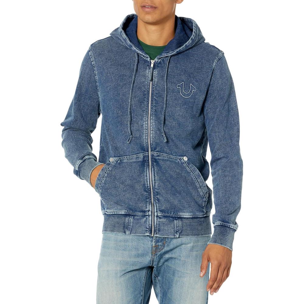 imageTrue Religion Mens Big T Zip Up Hoodie Graphic Sweatshirt Full Zip Hoodies for MenIndigo