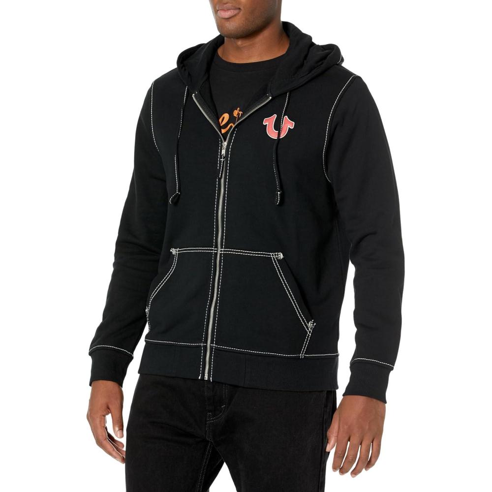 imageTrue Religion Mens Big T Zip Up Hoodie Graphic Sweatshirt Full Zip Hoodies for MenJet Black
