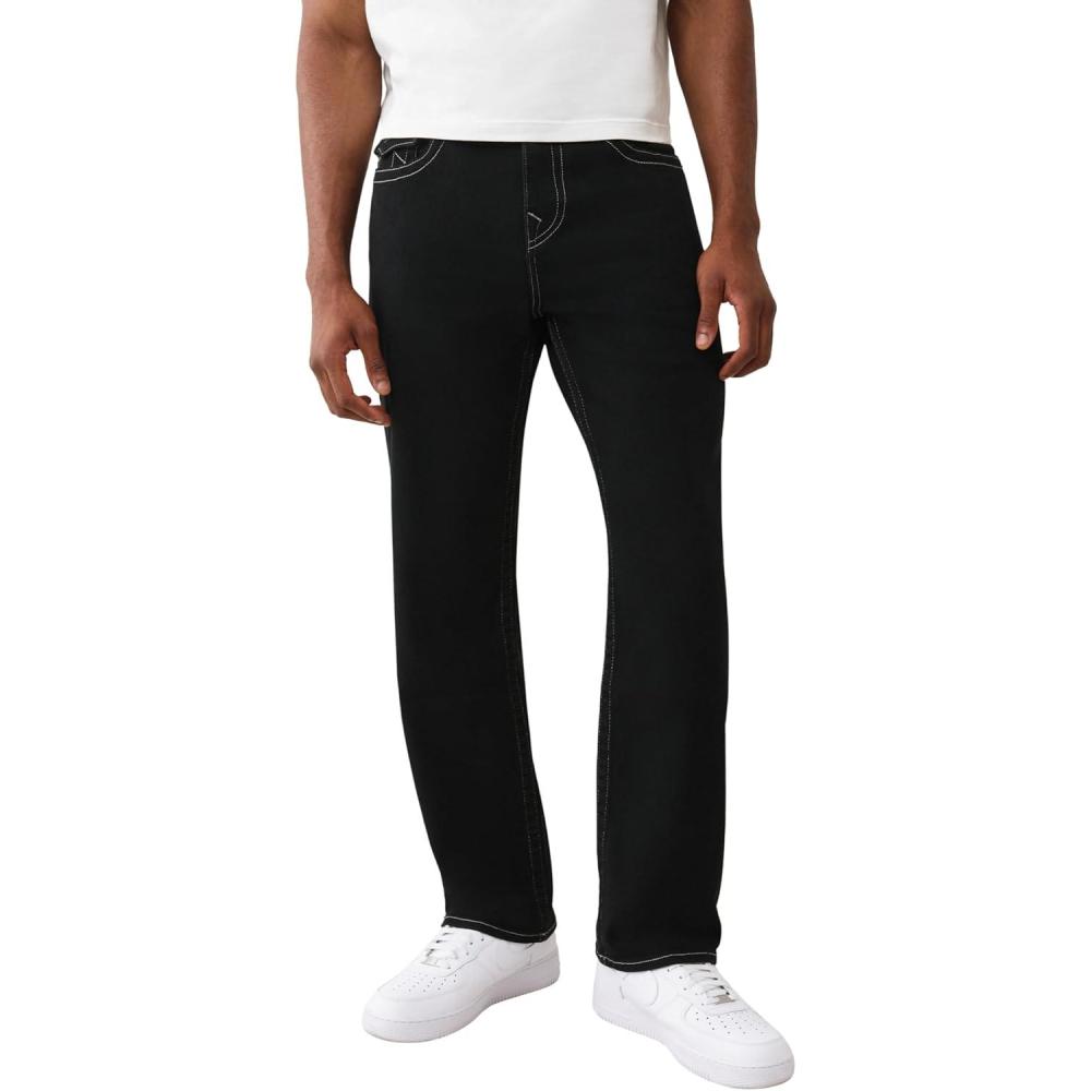 imageTrue Religion Mens Bobby SN Flap Jeans Relaxed Straight Fit Stretch Denim 32 Inseam Flap PocketsBlack Rinse