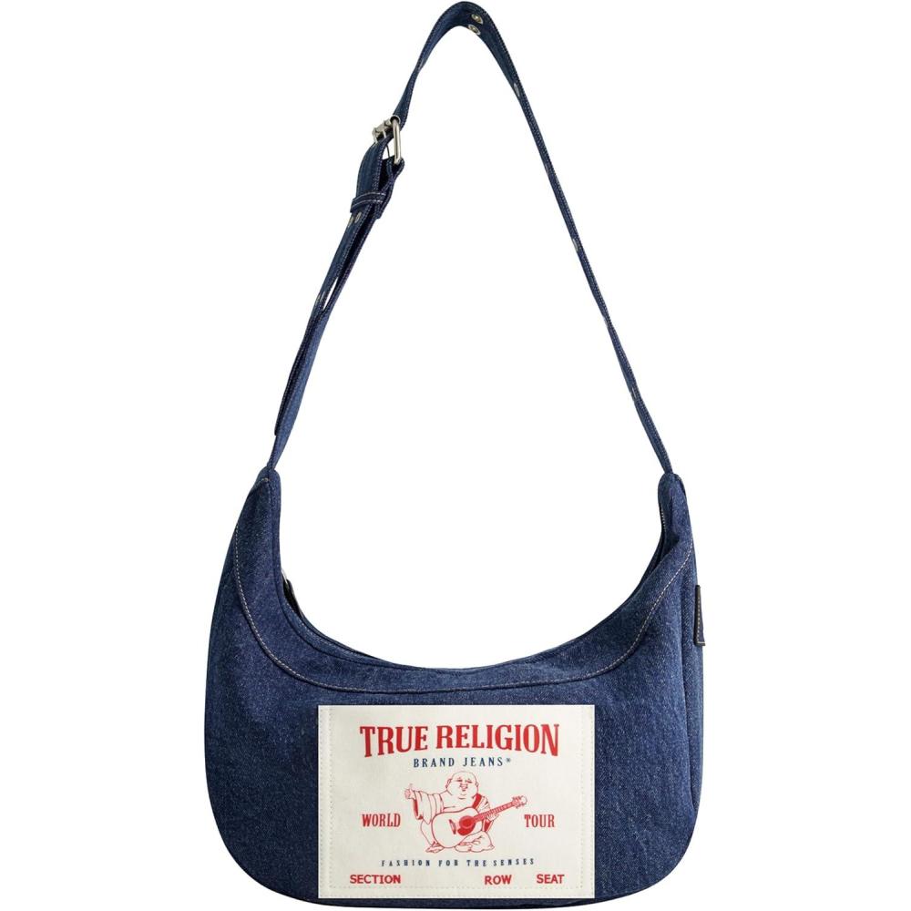 imageTrue Religion Womens Shoulder Bag Purse Buddha Pocket Hobo Handbag with Adjustable StrapDark Denim