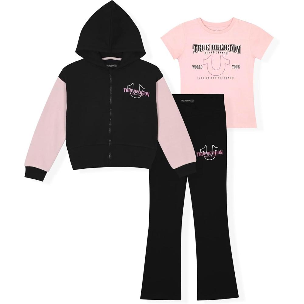 imageTrue Religion Girls 3 Piece Fleece Set Hoodie Tee Shirt amp JoggerLegging Outfit Rhinestud amp Foil Details Sizes 414Black Legging