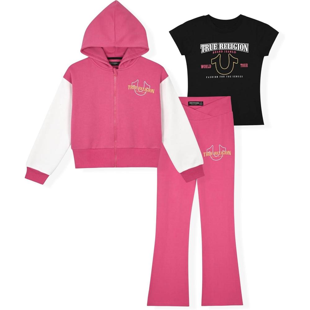 imageTrue Religion Girls 3 Piece Fleece Set Hoodie Tee Shirt amp JoggerLegging Outfit Rhinestud amp Foil Details Sizes 414Pink Legging