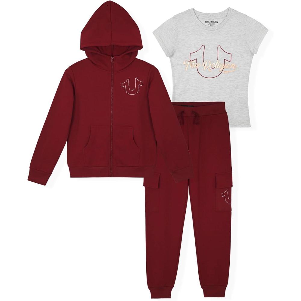 imageTrue Religion Girls 3 Piece Fleece Set  Hoodie Tee Shirt amp JoggerLegging Outfit Rhinestud amp Foil Details Sizes 414Red Cargo