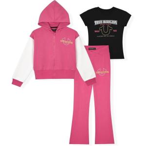 True Religion Girls 3 Piece Fleece Set – Hoodie, Tee Shirt & Jogger/Legging Outfit, Rhinestud & Foil Details (Sizes 4-14)(Pink Legging)