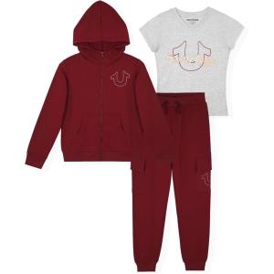 True Religion Girls 3 Piece Fleece Set – Hoodie, Tee Shirt & Jogger/Legging Outfit, Rhinestud & Foil Details (Sizes 4-14)(Red Cargo)