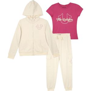 True Religion Girls 3 Piece Fleece Set – Hoodie, Tee Shirt & Jogger/Legging Outfit, Rhinestud & Foil Details (Sizes 4-14)(Winter White Cargo)