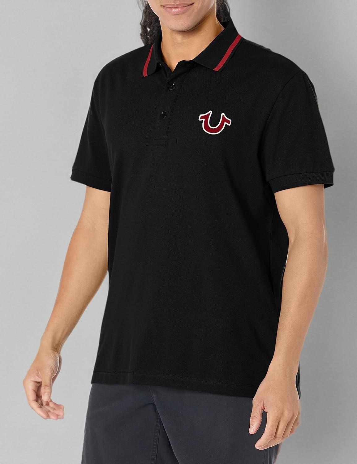 imageTrue Religion Mens JV7 Tipped Polo Short Sleeve Cut amp Sew Knit Polo Shirt with Contrast Trim amp LogoJet Black