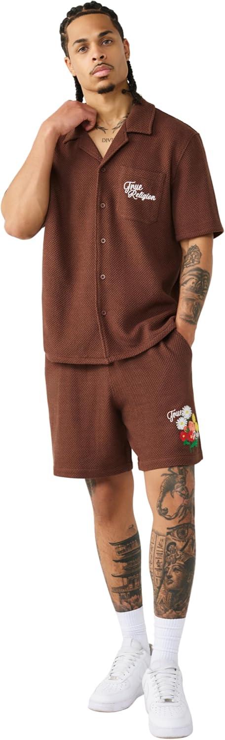 imageTrue Religion Mens Knit Logo Camp Collar Shirt Camp Collar ButtonUp Embroidered Logo