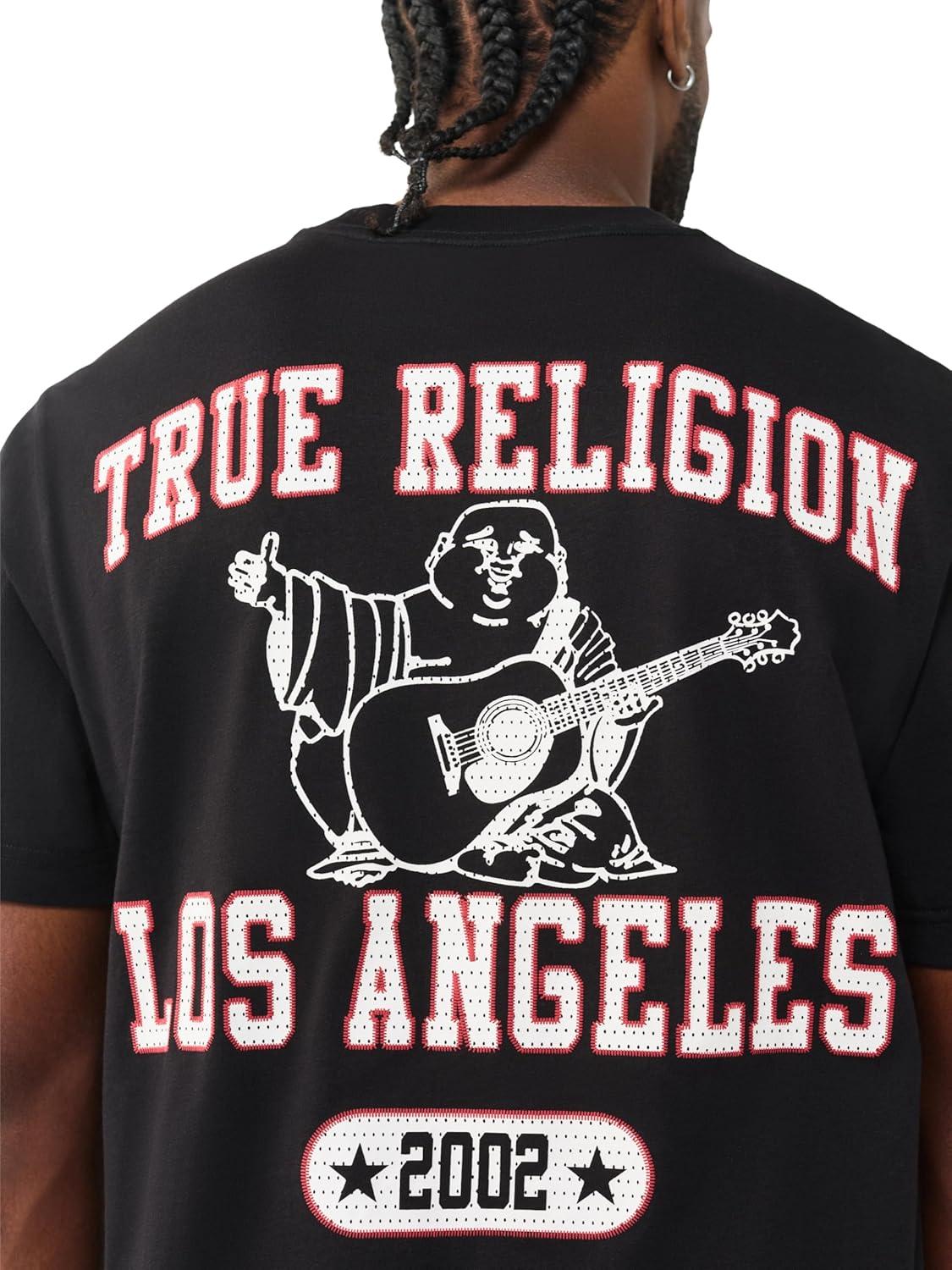 imageTrue Religion Mens Mesh Buddha Logo Tee Oversized Fit Graphic Print Crew NeckJet Black