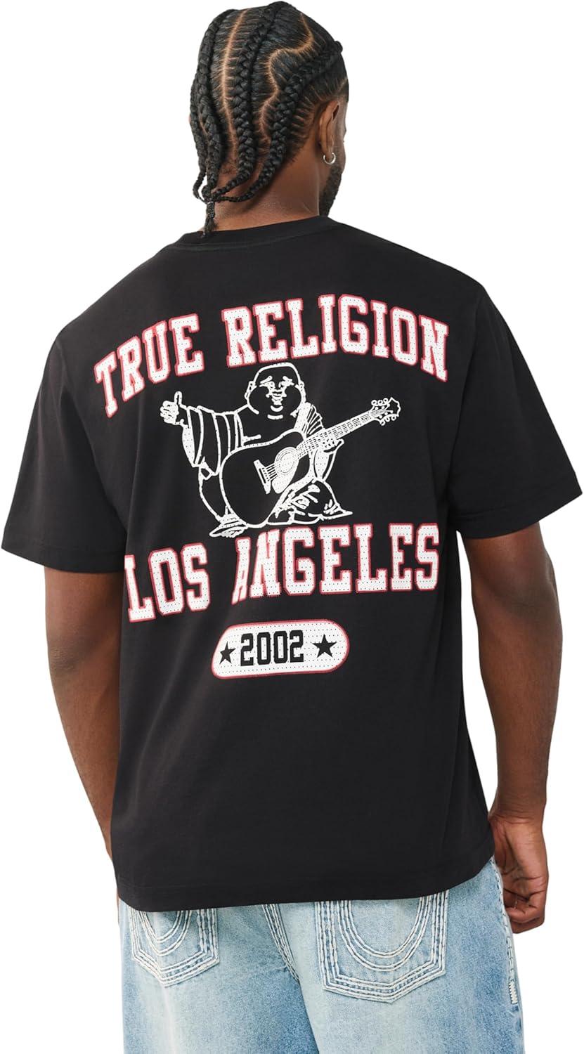 imageTrue Religion Mens Mesh Buddha Logo Tee Oversized Fit Graphic Print Crew NeckJet Black