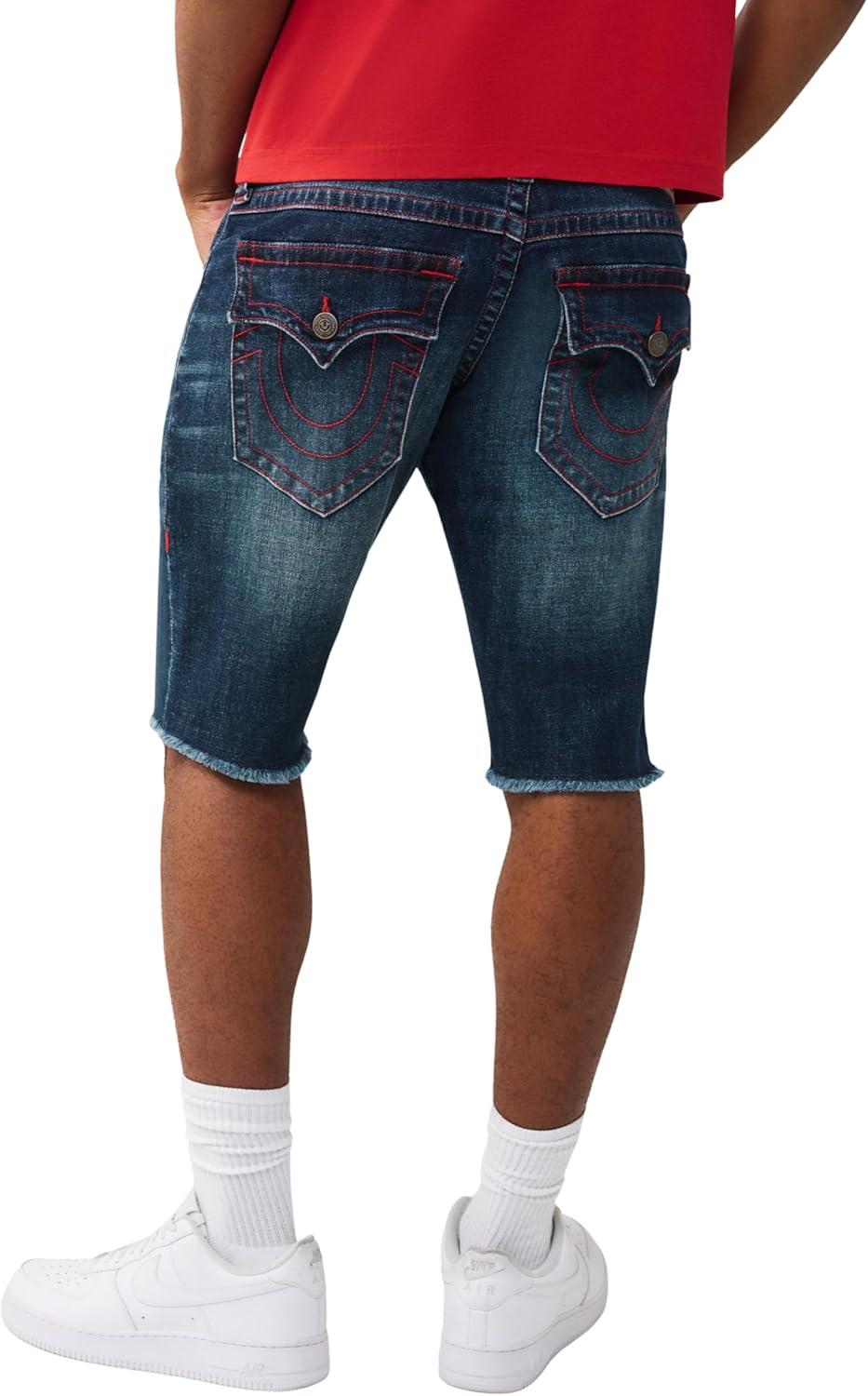imageTrue Religion Mens Ricky Frayed Hem Denim Short Relaxed Fit Horseshoe Detailing Sideline Raw Dark Wash 34